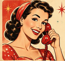 Vintage illustrated woman speaking on a red telephone