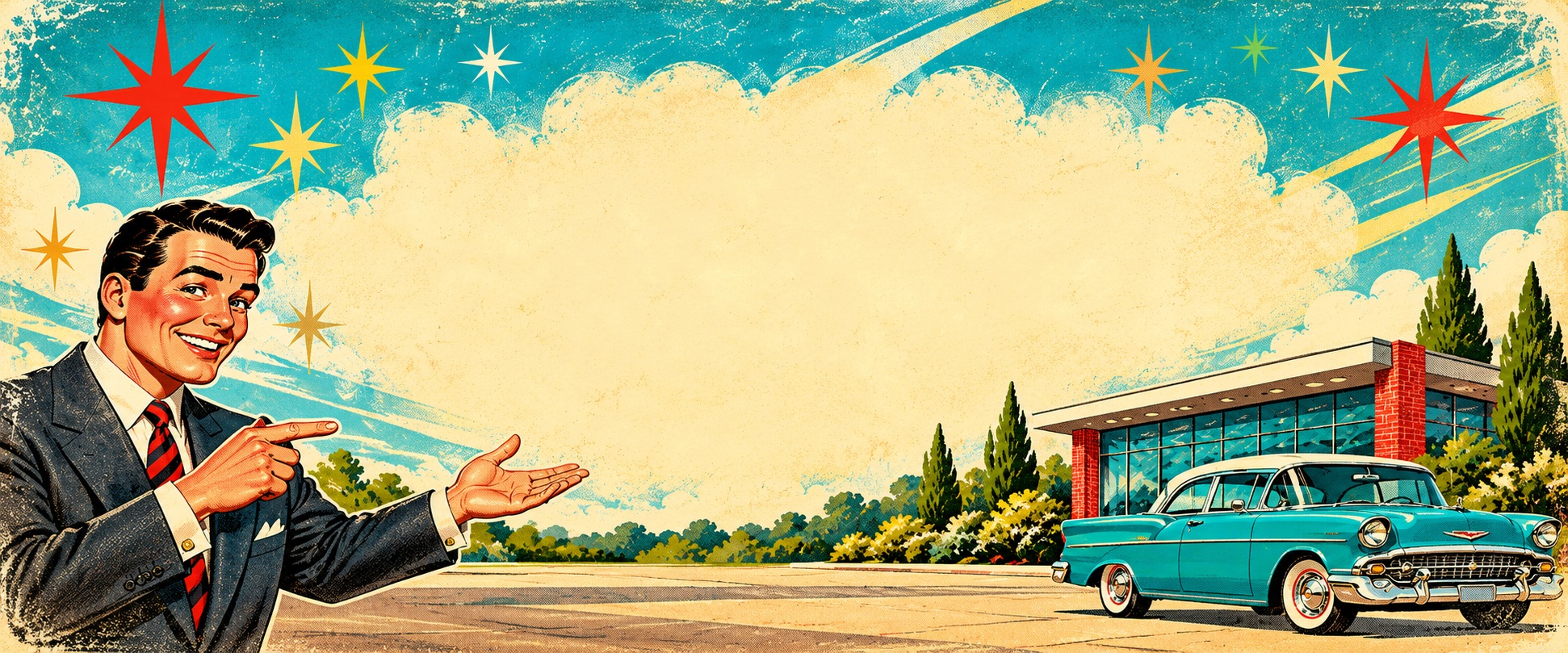 1950s advertisement illustration of a smiling salesman presenting a cream-colored open cloud of sky beside a storefront and turquoise classic car