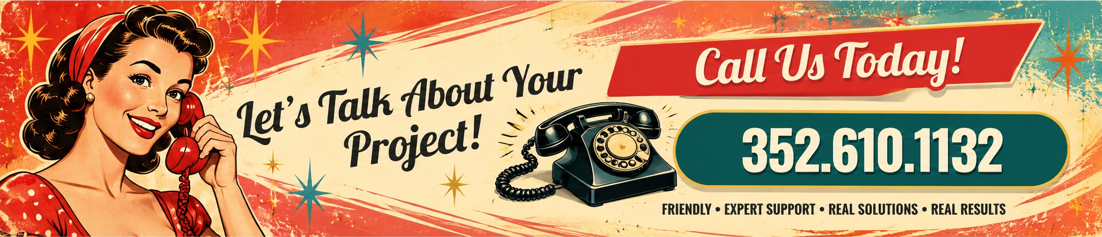 Vintage NBEhosting contact banner with a 1950s woman using a red telephone, a black rotary phone, the words Call Us Today, and phone number 352.610.1132