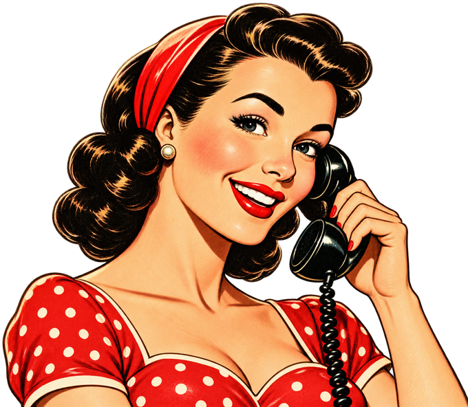1950s illustrated woman in a red polka-dot blouse holding a telephone receiver
