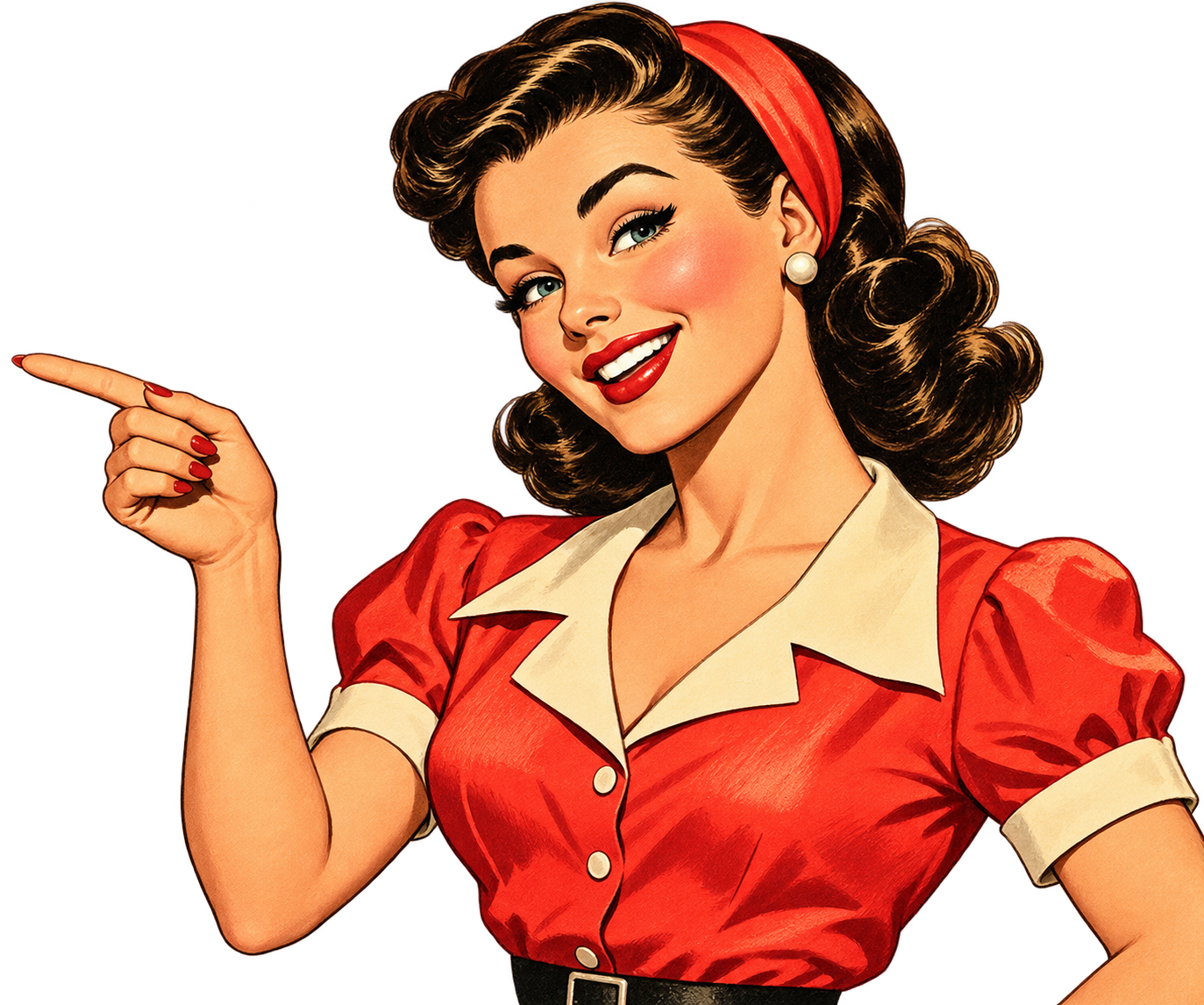 Vintage 1950s advertising illustration of a woman pointing toward NBEhosting
